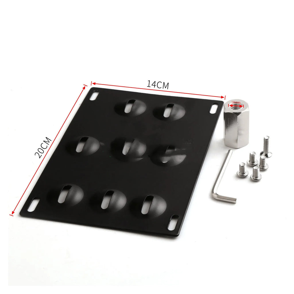 American-style metal licence plate frame with integrated trailer hook for vehicle modification