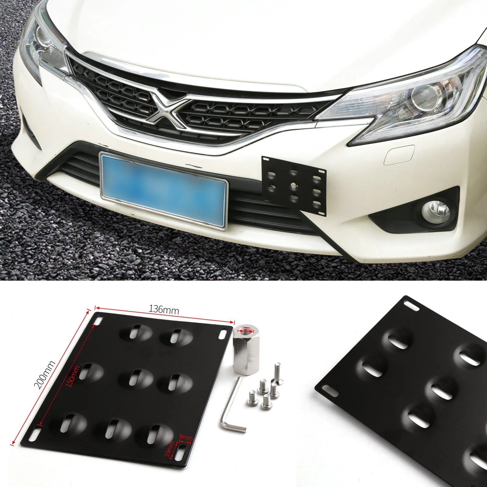 American-style metal licence plate frame with integrated trailer hook for vehicle modification