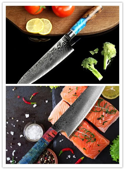 Professional kitchen knife set collection showing chef's knife, meat cutters, Japanese-style knives, and utility blades