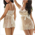 White women's spandex lingerie set shown in small, medium, and large sizes