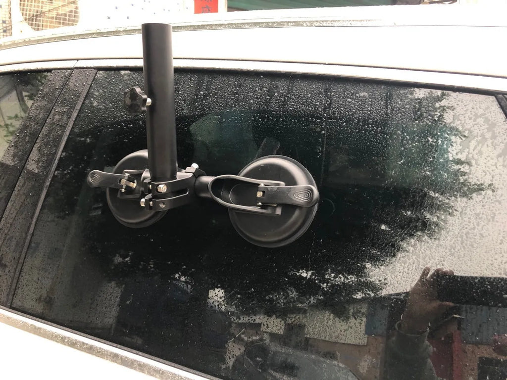 Black car flagpole glass sucker base with round rubber suction cup and ABS construction
