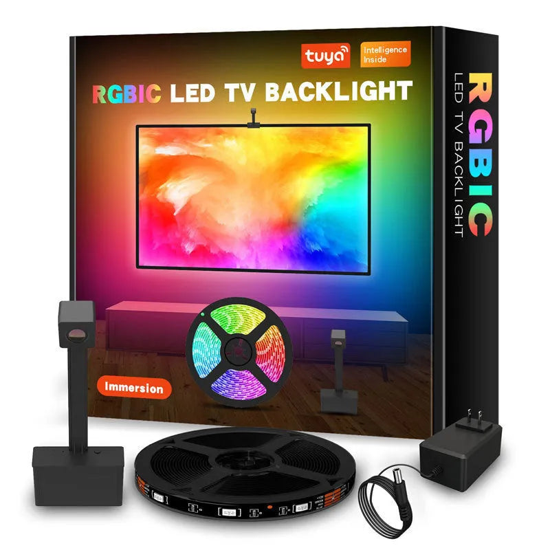 Smart TV LED backlight strip with camera controller showing RGBIC lighting behind television