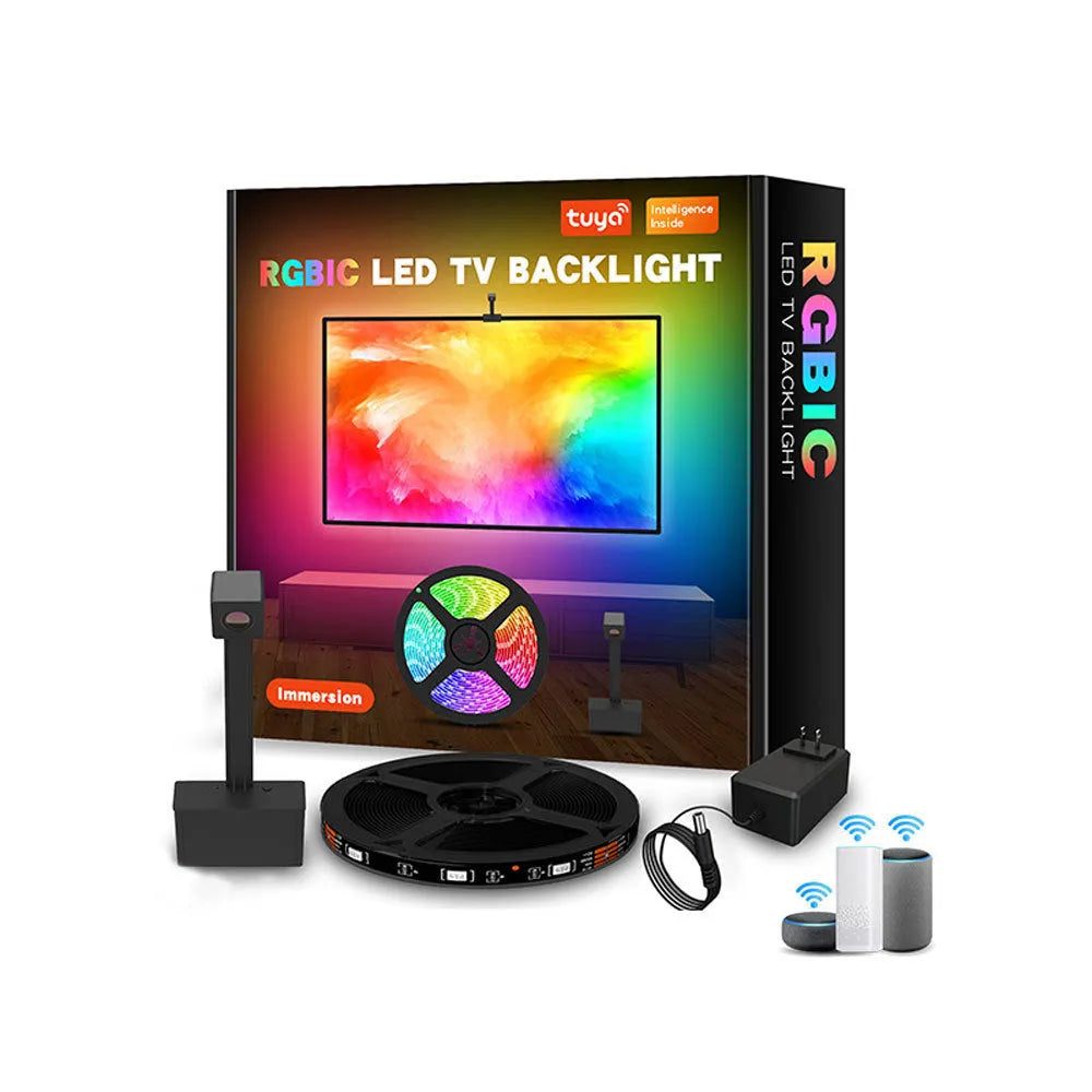 Smart TV LED backlight strip with camera controller showing RGBIC lighting behind television