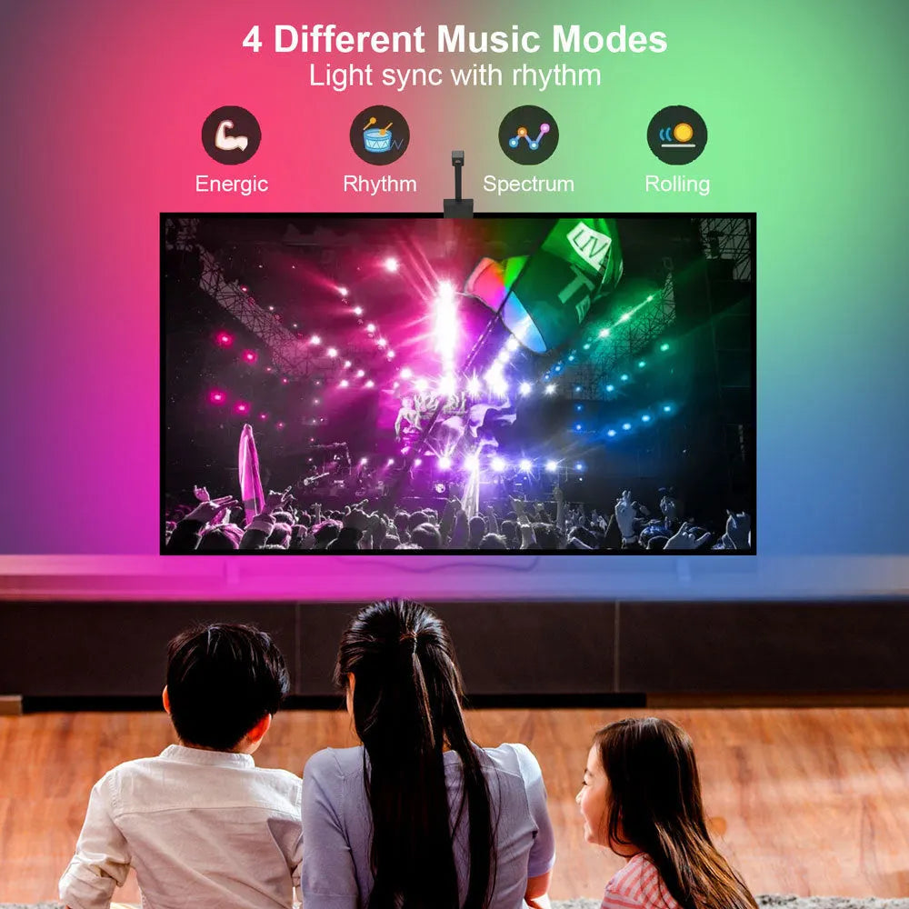 Smart TV LED backlight strip with camera controller showing RGBIC lighting behind television