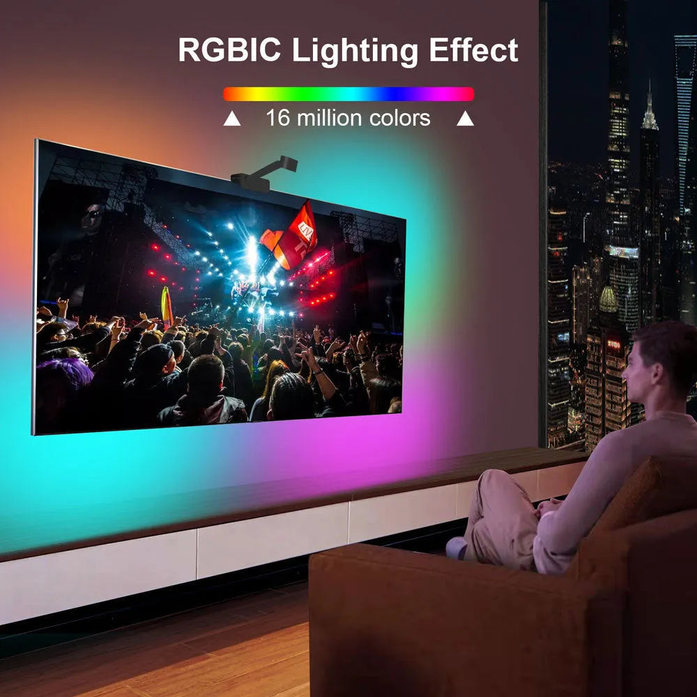 Smart TV LED backlight strip with camera controller showing RGBIC lighting behind television