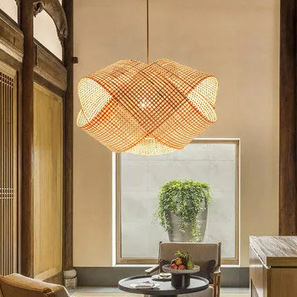 Rattan woven ceiling lamp in New Chinese style with adjustable height feature