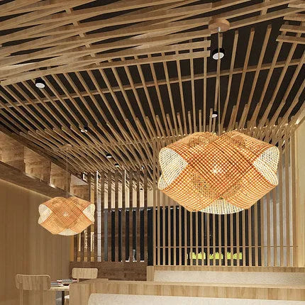 Rattan woven ceiling lamp in New Chinese style with adjustable height feature