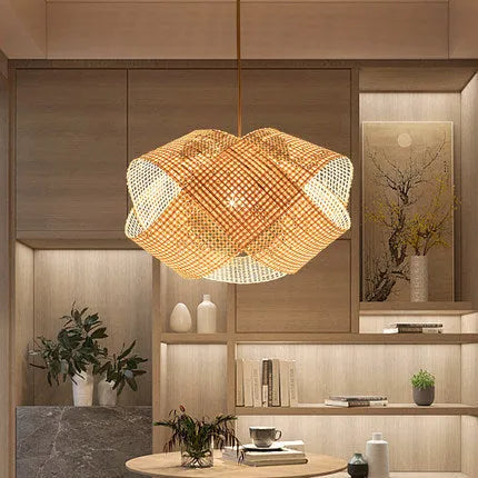 Rattan woven ceiling lamp in New Chinese style with adjustable height feature