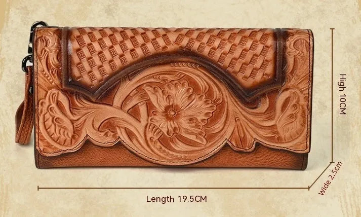 Retro brown embossed Chinese floral pattern on a genuine leather tri-fold women's wallet.