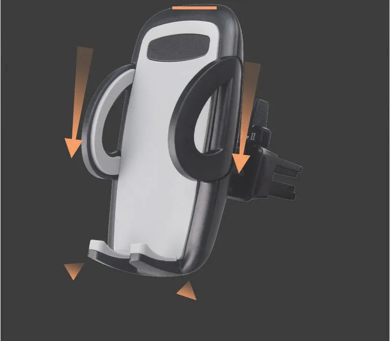 Black plastic mobile phone holder mounted on car air conditioning vent with phone in cradle
