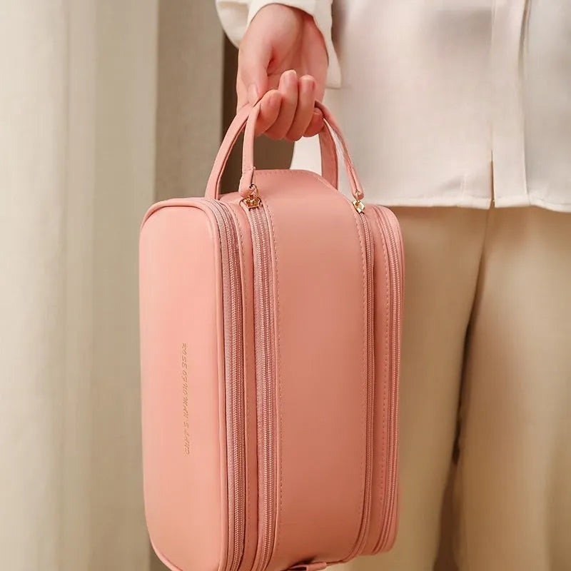 Three-layer double zipper U-shaped cosmetic bag in PU leather for make-up storage