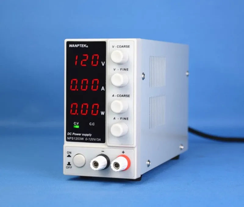 White adjustable DC power supply showing 0-60V 0-5A output controls for mobile phone and notebook repair