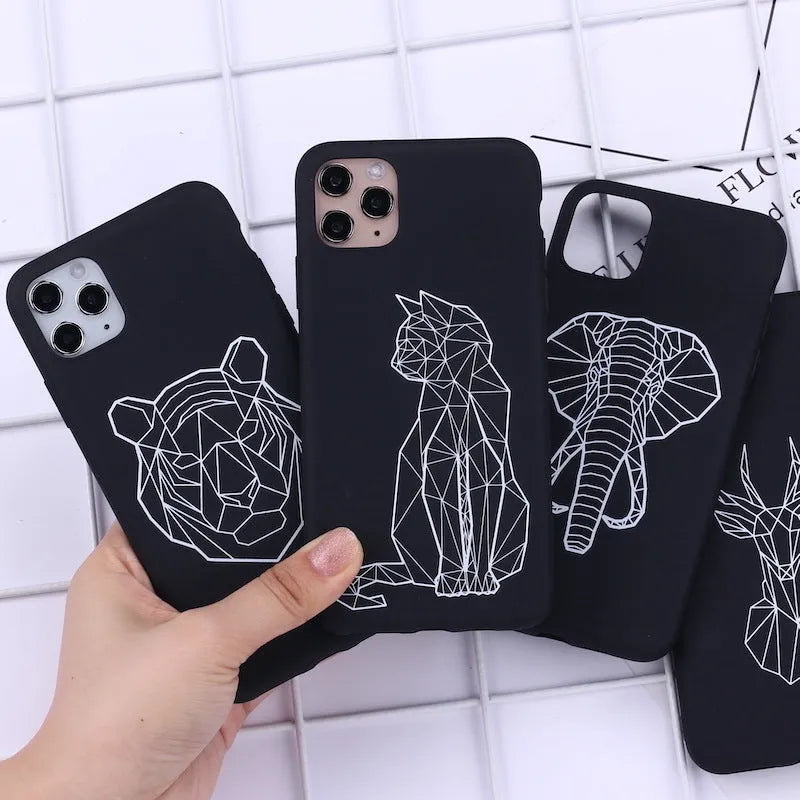 Animal line graffiti art TPU phone case for iPhone with painted cat, deer, horse designs