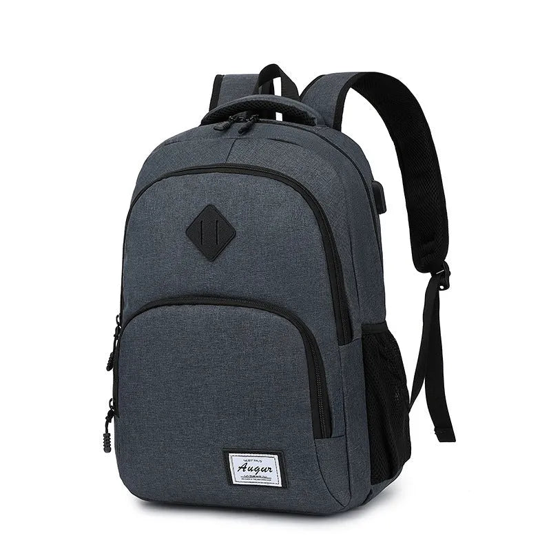 Simple lightweight backpack with USB charging interface in grey colour showing dimensions and trolley compatibility
