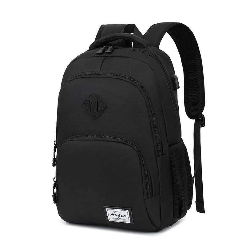 Simple lightweight backpack with USB charging interface in grey colour showing dimensions and trolley compatibility