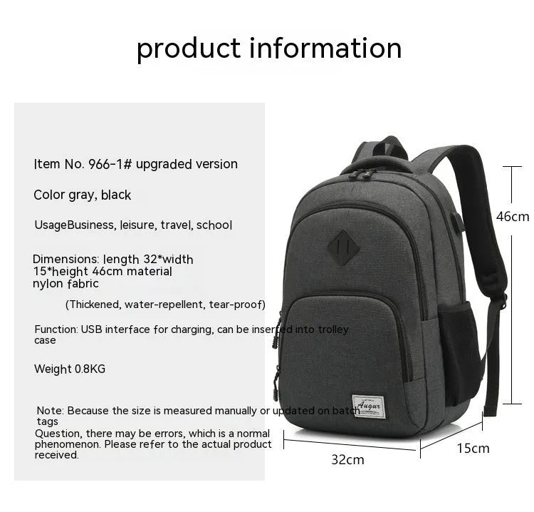 Simple lightweight backpack with USB charging interface in grey colour showing dimensions and trolley compatibility