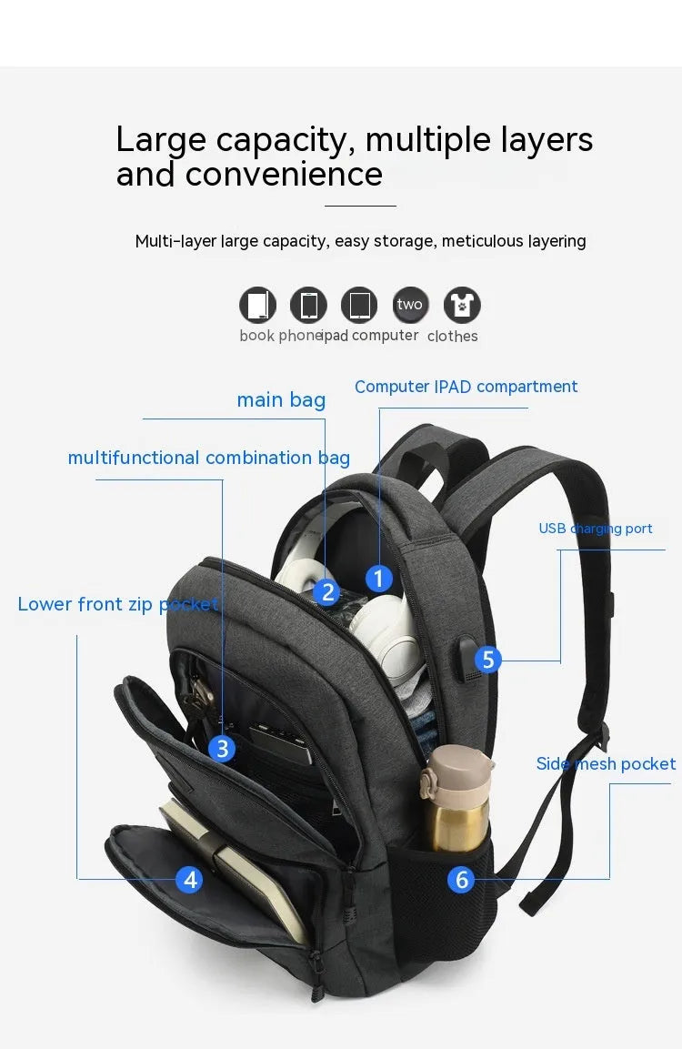 Simple lightweight backpack with USB charging interface in grey colour showing dimensions and trolley compatibility