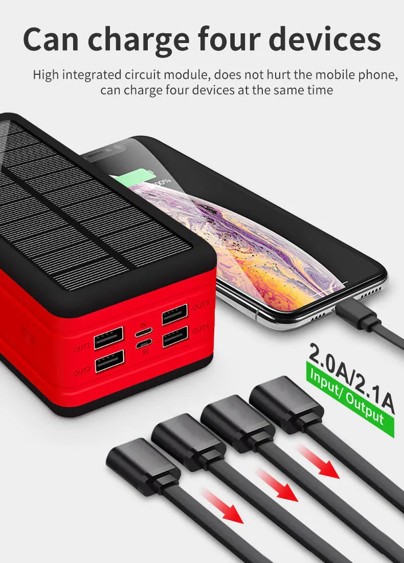 Large capacity solar wireless power bank in black with coloured accents showing solar panel and wireless charging surface
