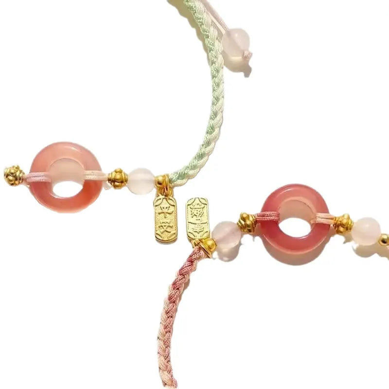 Minority national style DIY woven watch band with peach blossom pattern in green, pink and black colours