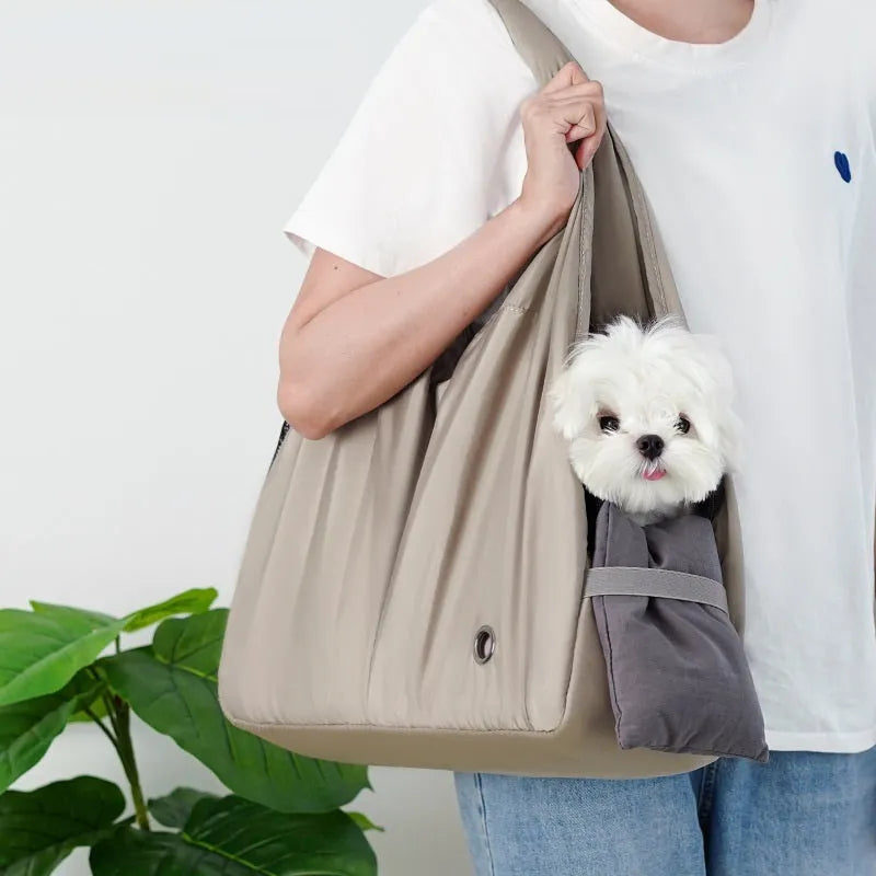 Apricot-coloured cloth pet handbag carrier for cats and small dogs, shown with dimensions 41cm long.
