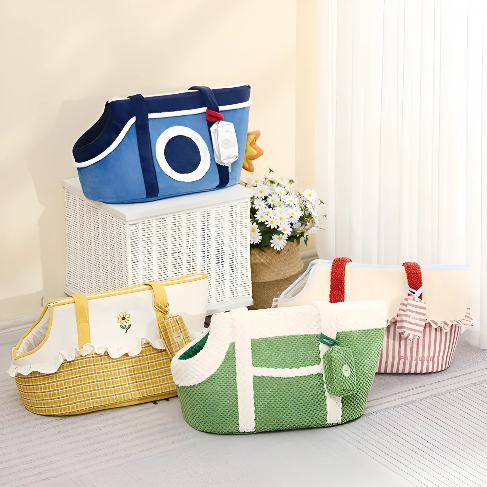Shoulder cat bag in short plush fabric with cartoon pattern and vertical stripe design