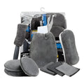 Grey nine-piece car wash cleaning set showing microfiber sponge, gloves, tyre brush, and cleaning towels