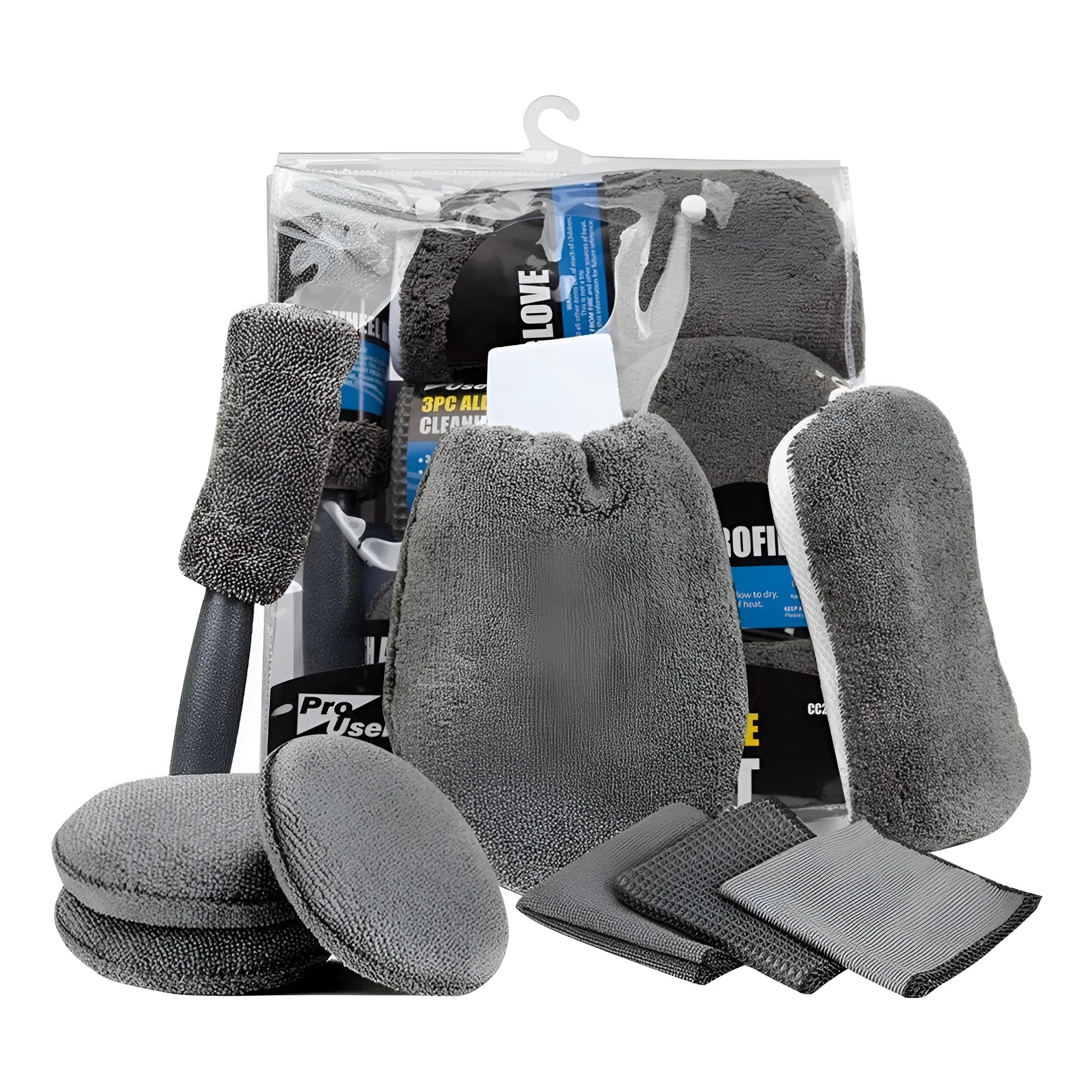 Grey nine-piece car wash cleaning set showing microfiber sponge, gloves, tyre brush, and cleaning towels