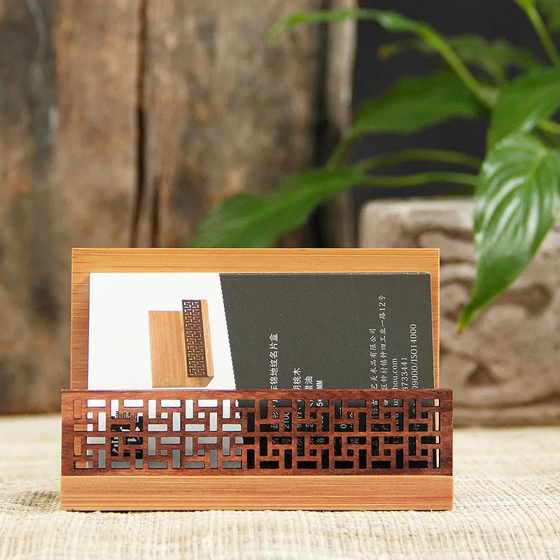 Geometric business card case in bamboo and black walnut wood with 80-card capacity
