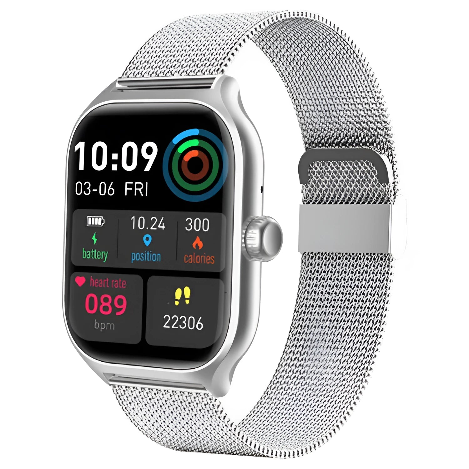 Bluetooth smart watch with touch screen display showing heart rate monitoring interface