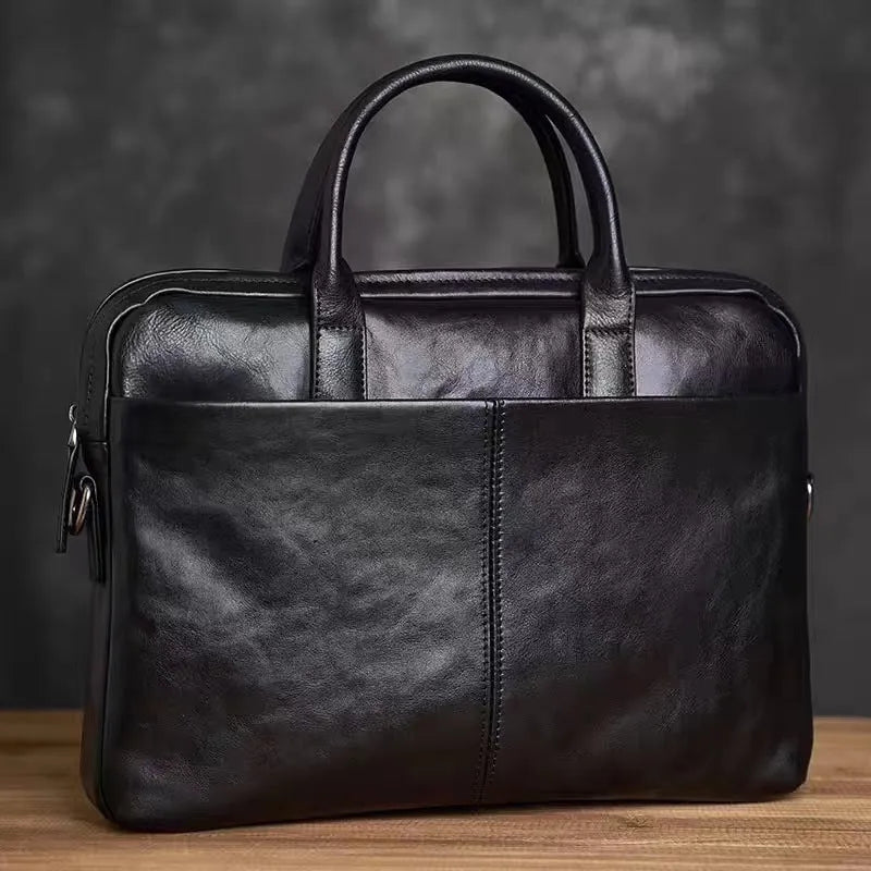 Men's hand-carrying genuine leather briefcase in coffee colour with retro styling for business travel