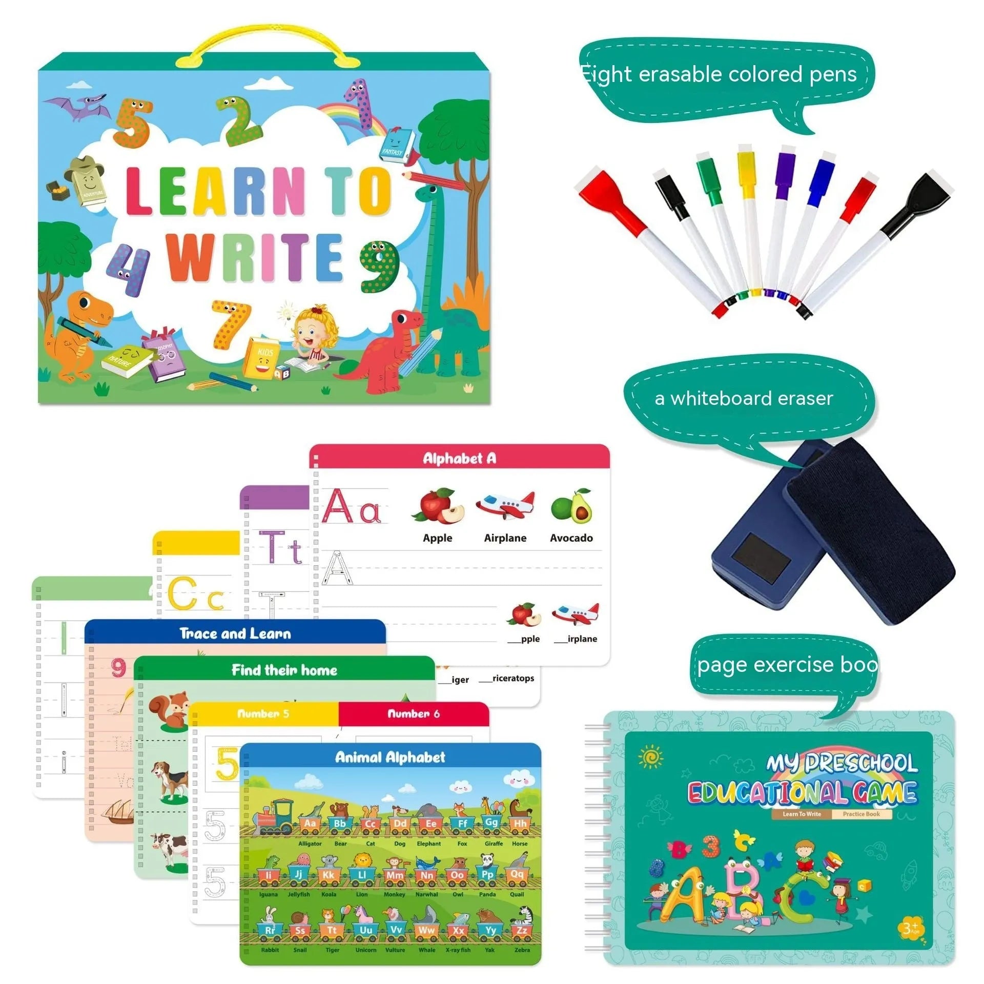 Montessori children's handwriting practice book set with erasable pens and reward stickers in a cardboard gift box
