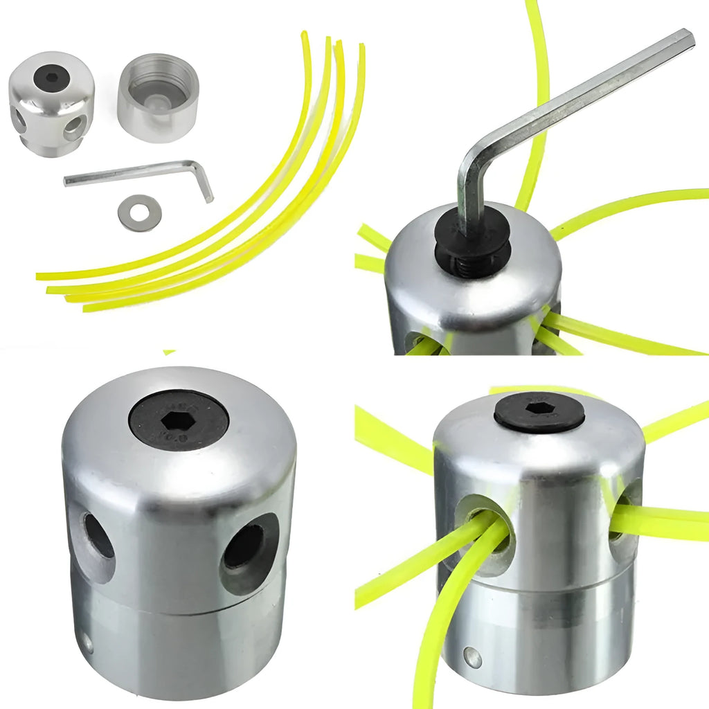 Silver aluminium lawn mower trimmer head with four light yellow square grass cutting lines