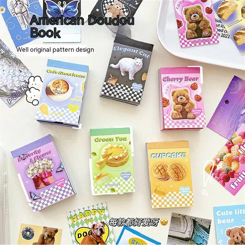 American retro cartoon sticker book showing 50 sheets with adhesive backing in six colour options