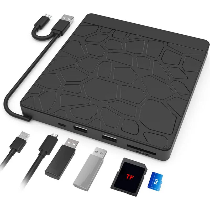 Black portable external optical drive with dual interface connections for laptop computers