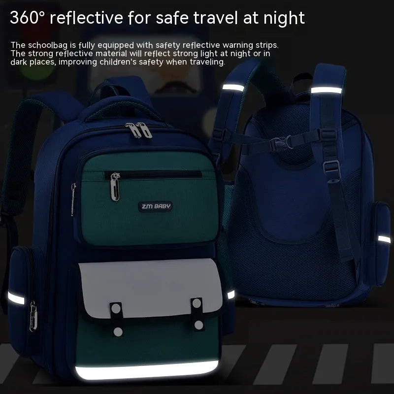 Primary school student schoolbag in Oxford cloth with burden alleviation, available in green, red, purple, and royal blue
