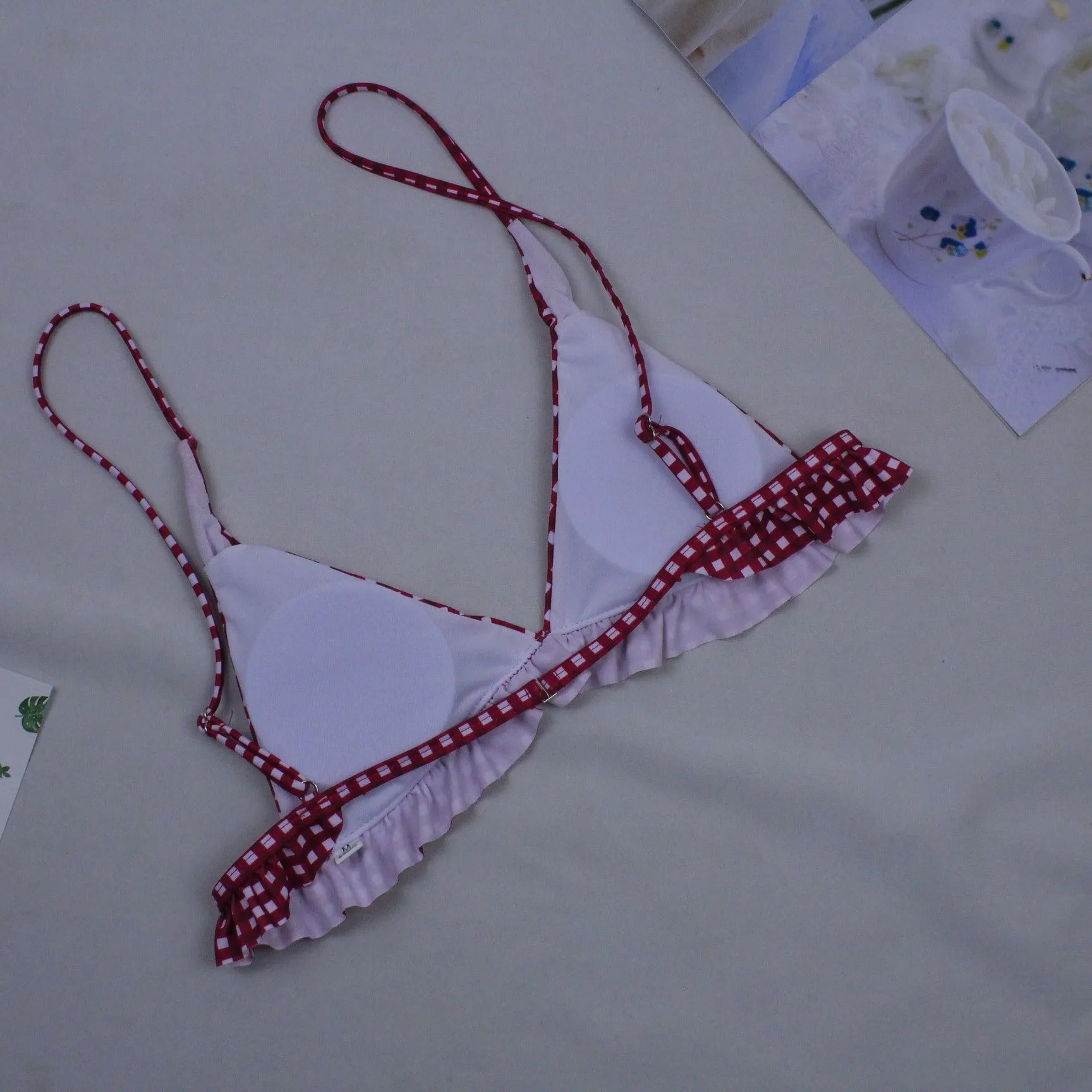 Red and green plaid bikini two-piece swimwear for women with chest pad, size S M L XL