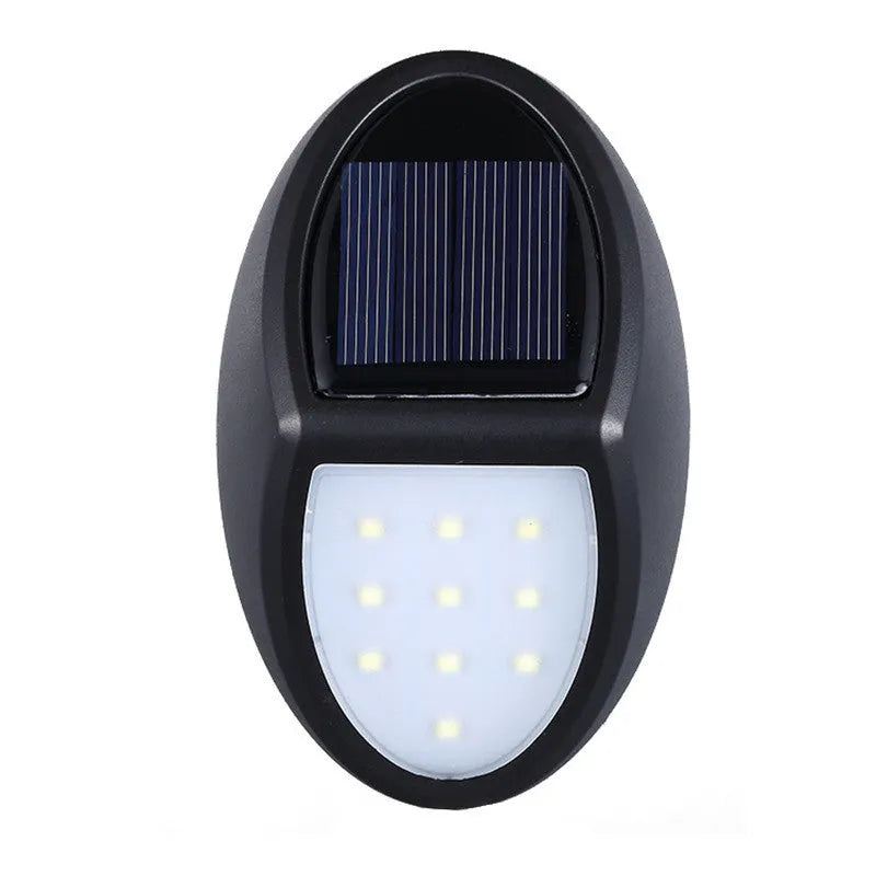Black LED solar wall light with solar panel showing 75mm x 120mm dimensions