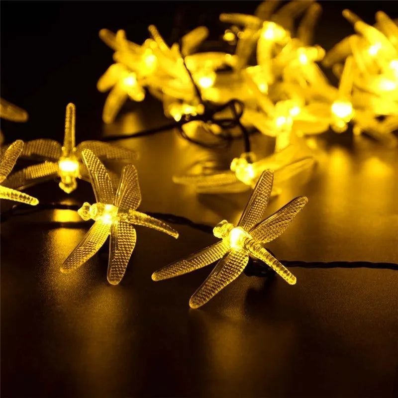 5 metre long solar-powered LED string lights with 30 warm white bulbs, shown with a solar panel on a spike for garden decoration.
