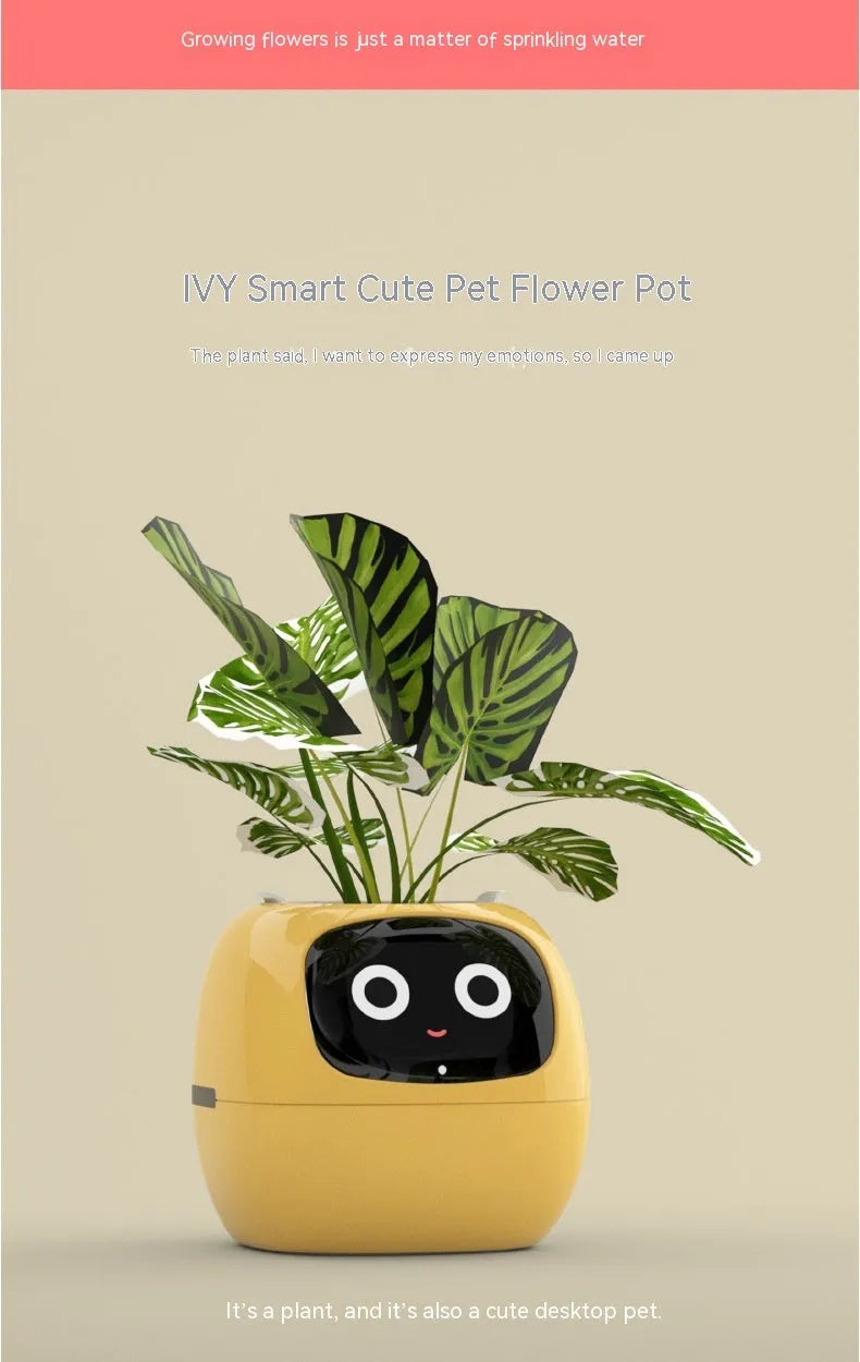 Smart planter with 7 sensors and AI chips, over 49 expressions, water level monitor, small indoor pot 114x100x96mm in pink