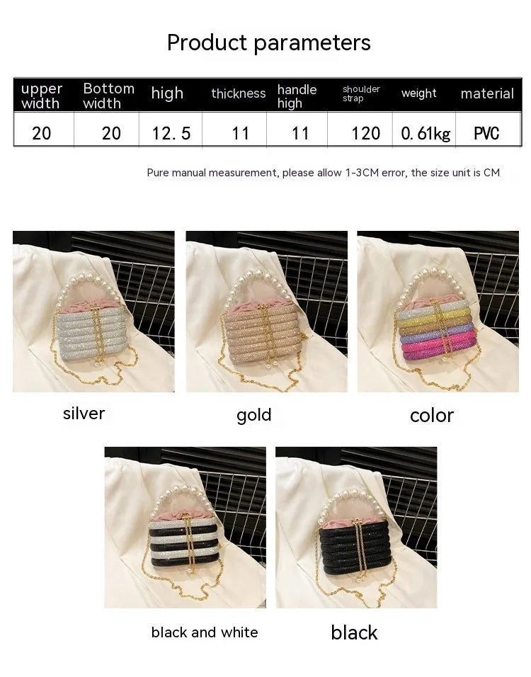 Soft round PU women's crossbody dinner bag with beaded details in retro style.
