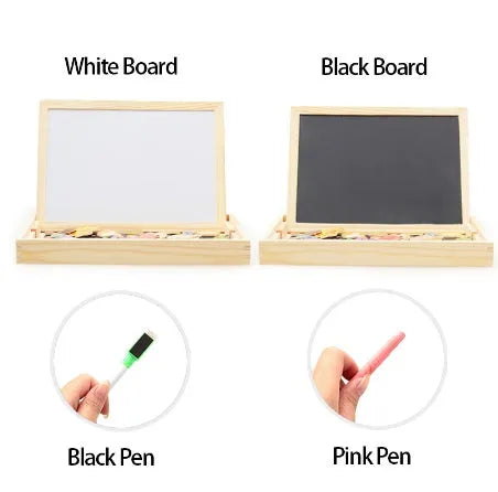Wooden magnetic puzzle and drawing board toy for children with animal theme pieces.