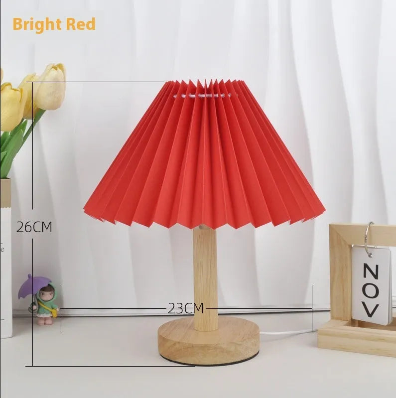 Vintage pleated umbrella shaped USB bedside lamp with remote control in red colour