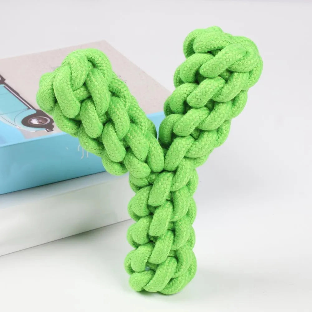 Blue Y-shaped cotton rope dog chew toy for large dogs on a white background.