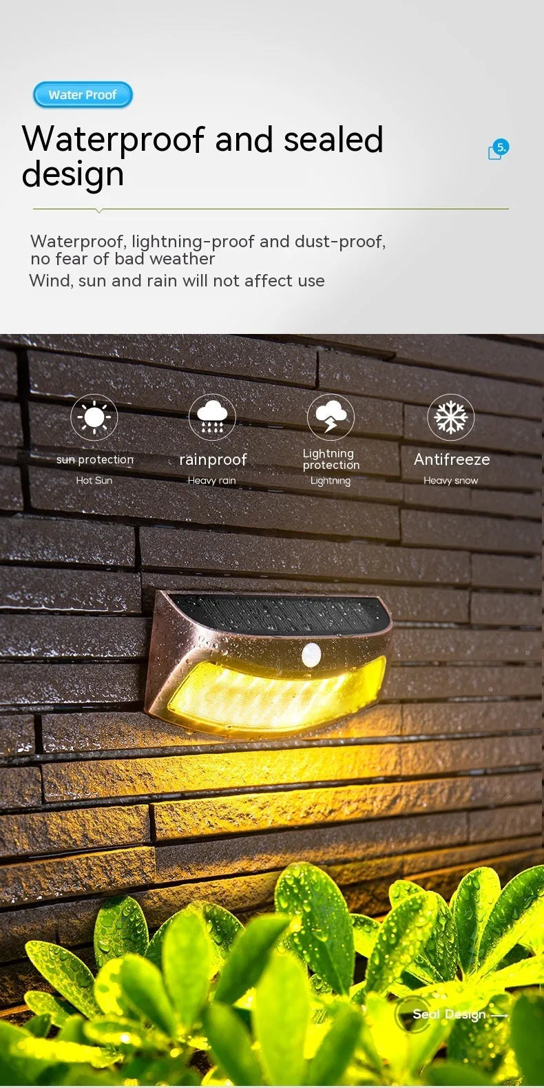 Solar outdoor wall lamp with smiling face design measuring 153mm wide