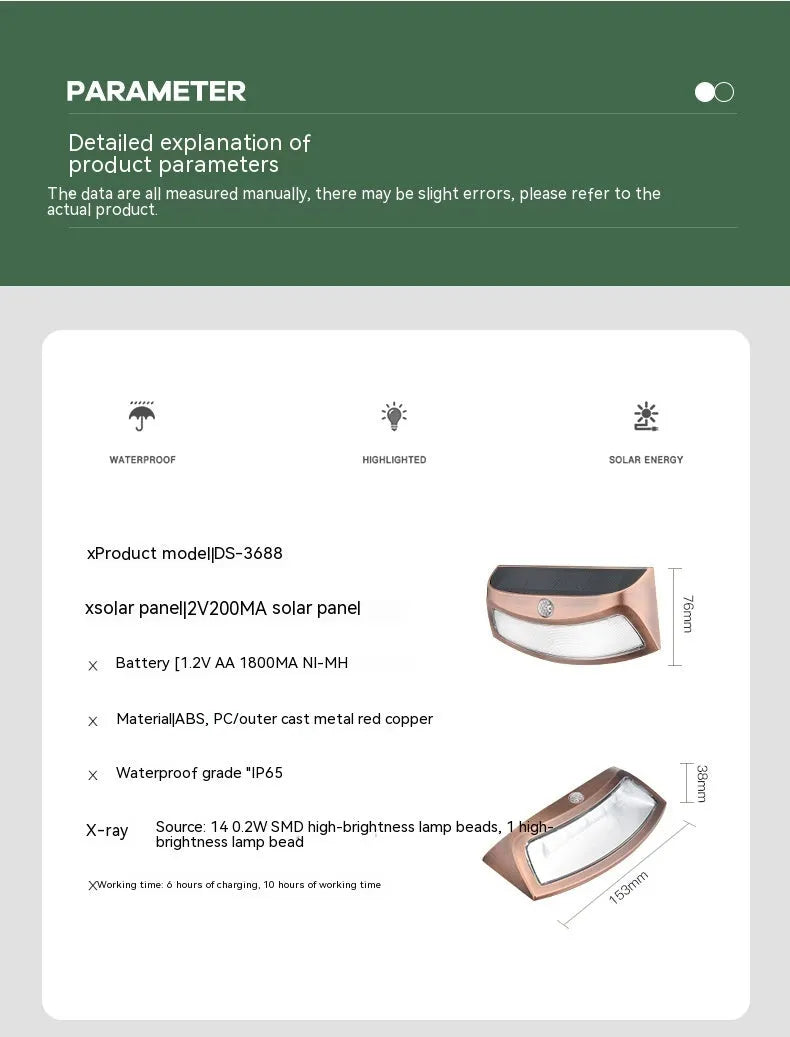 Solar outdoor wall lamp with smiling face design measuring 153mm wide