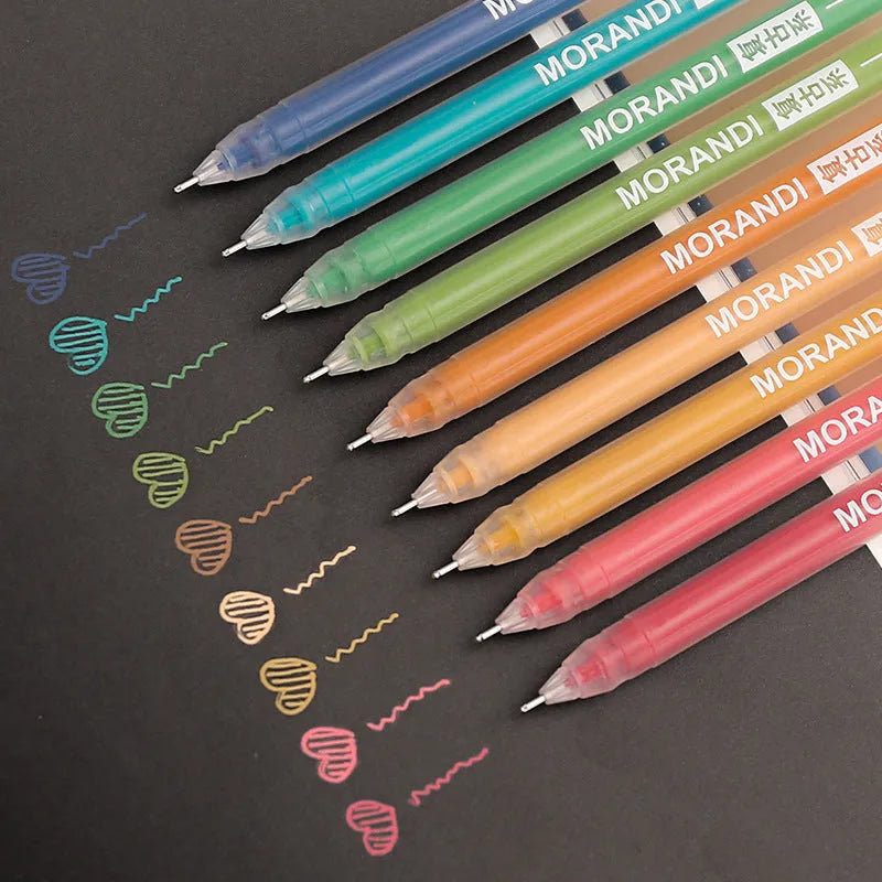 Nine retro-style gel pens in assorted colours with 0.5mm needle tips arranged in set packaging