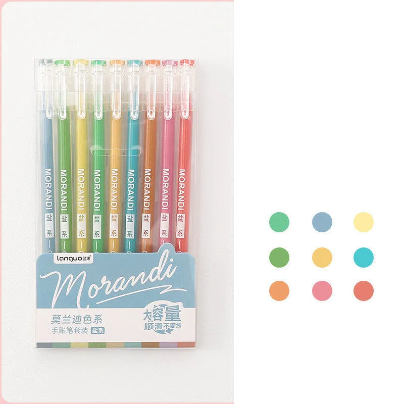 Nine retro-style gel pens in assorted colours with 0.5mm needle tips arranged in set packaging