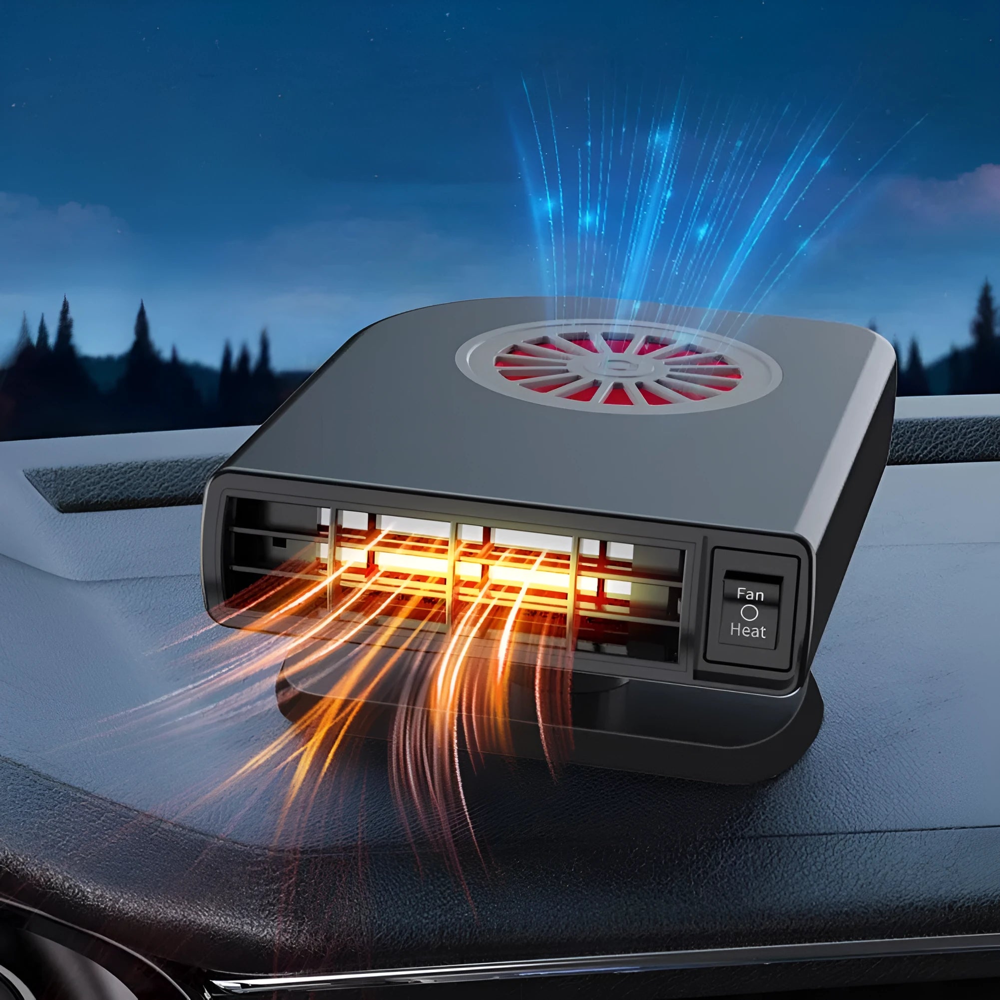 Black compact vehicle-mounted heater for car defrosting and defogging with adjustable nozzle.
