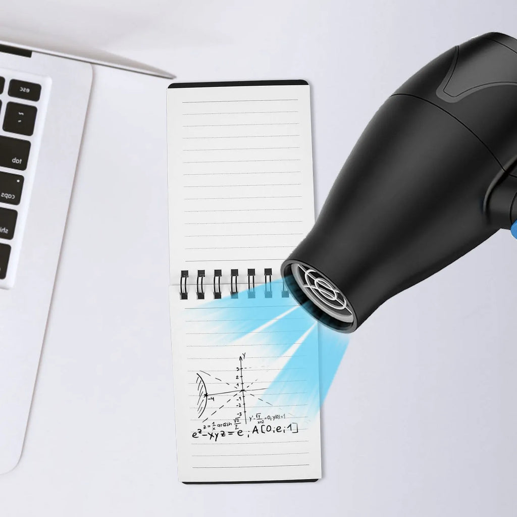 Spiral-bound business notepad with PP cover, open to show 105x75mm paper, with included pen and cloth.