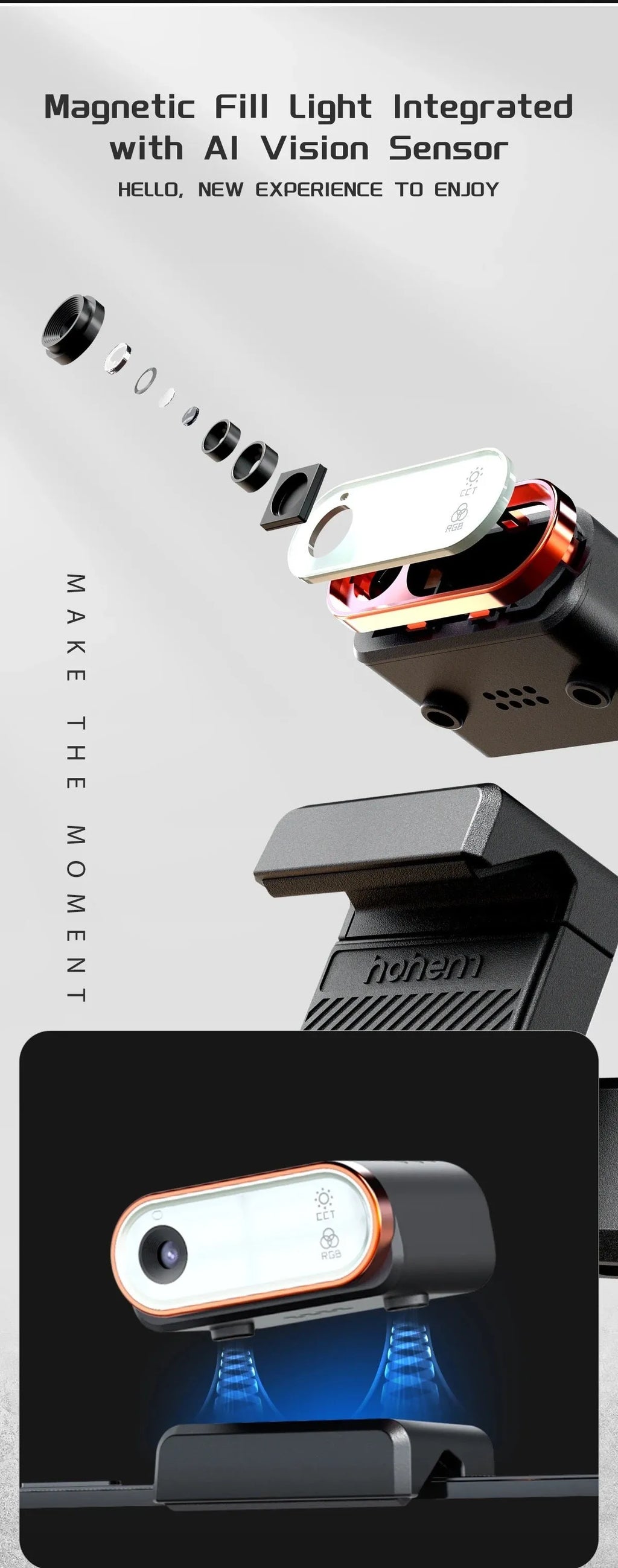 Black AI face tracking three-axis smartphone stabiliser with magnetic fill light mounted on tripod